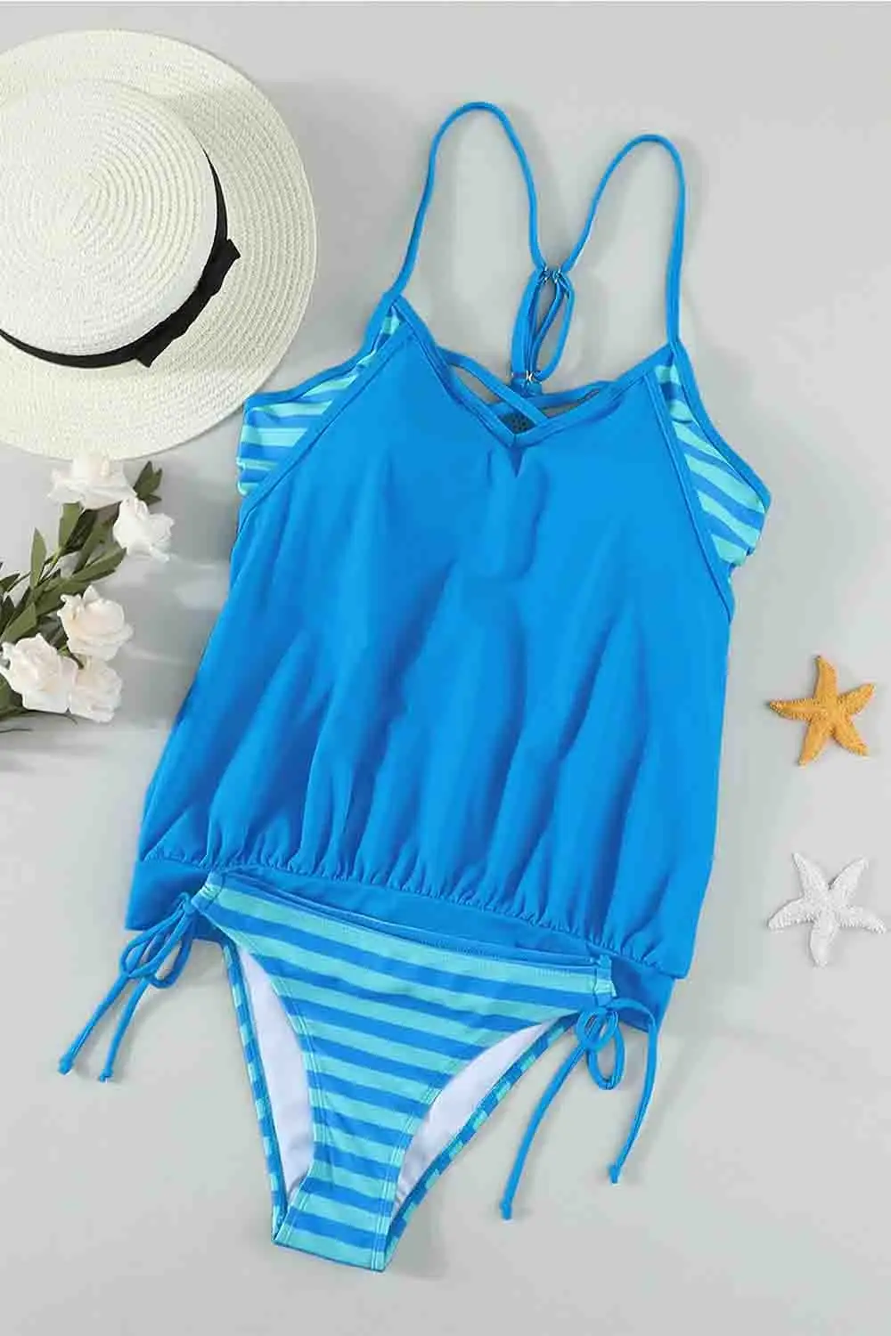 Swimwear Strappy Criss Cross Back Tankini Top with Bikini Bottom Bathing Suits
