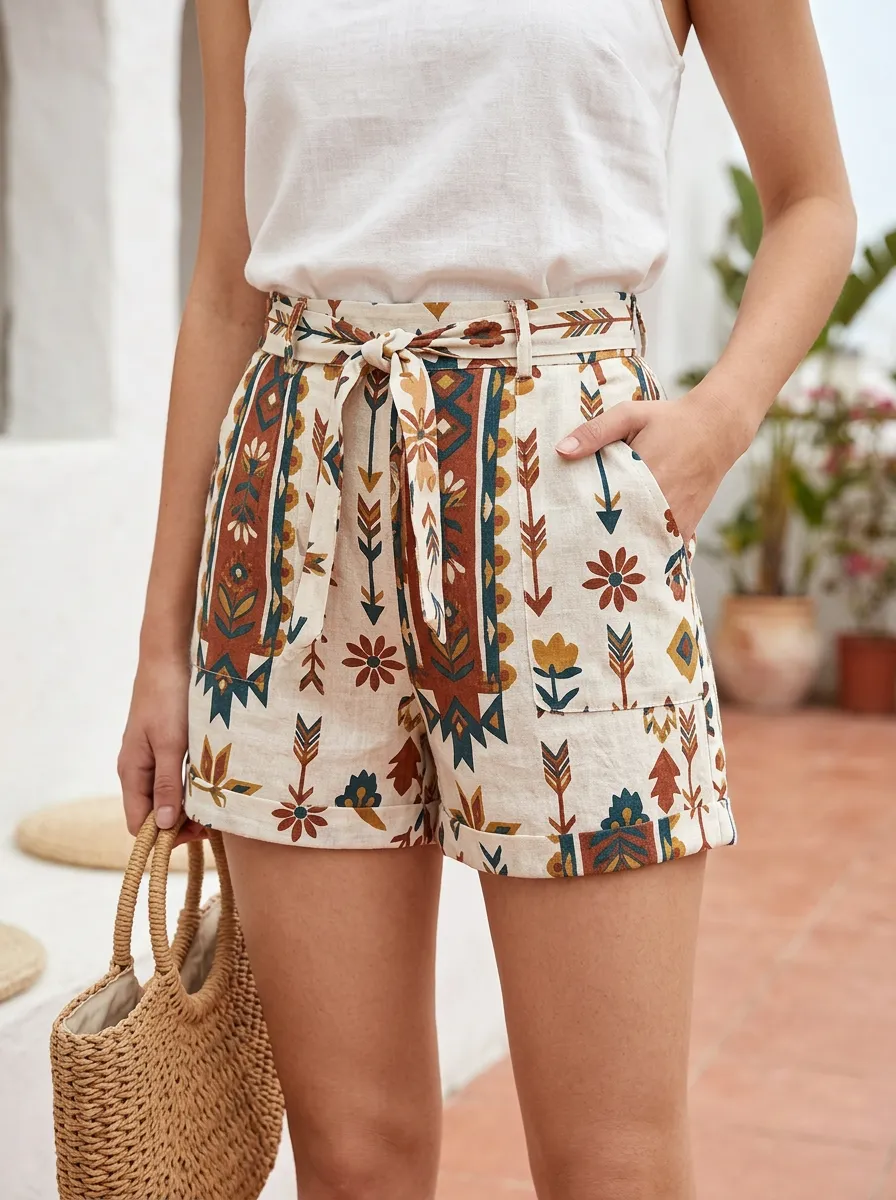 Women's Boho Tribal Arrow Floral Printed Belted Shorts