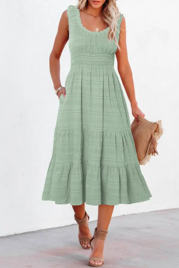 Sleeveless Square Neck Shirred Pleated Casual Midi Dress