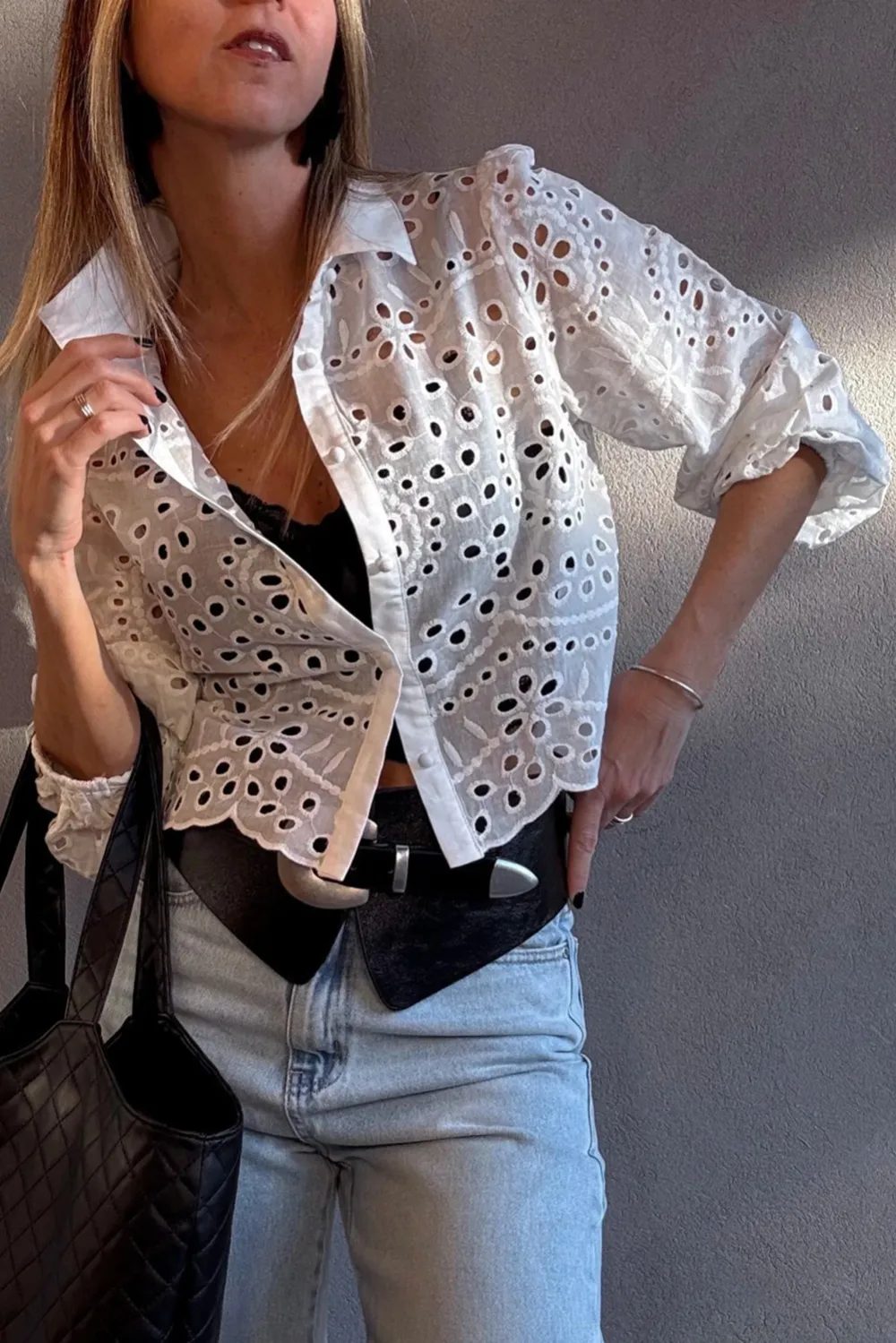 White Eyelet Embroidered Puff Sleeve Shirt