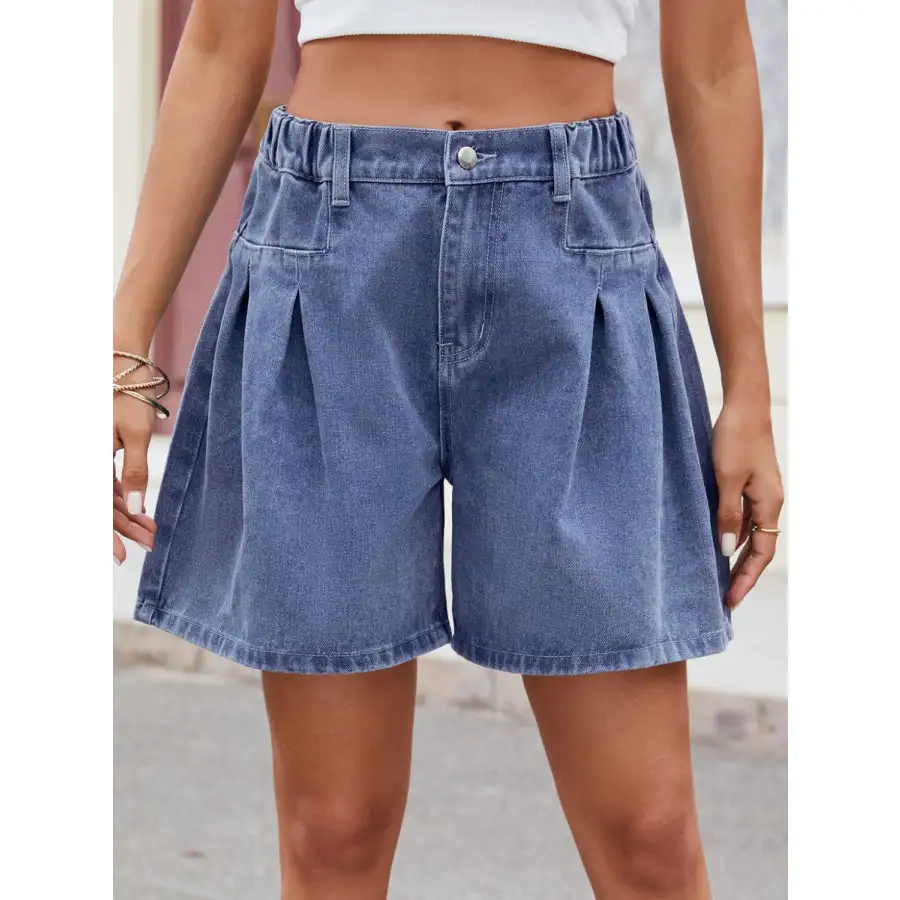Ruched Half Elastic Waist Denim Shorts