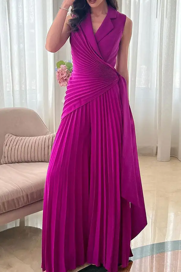 Pleated Lace-Up Lapel Wide-Leg Jumpsuit