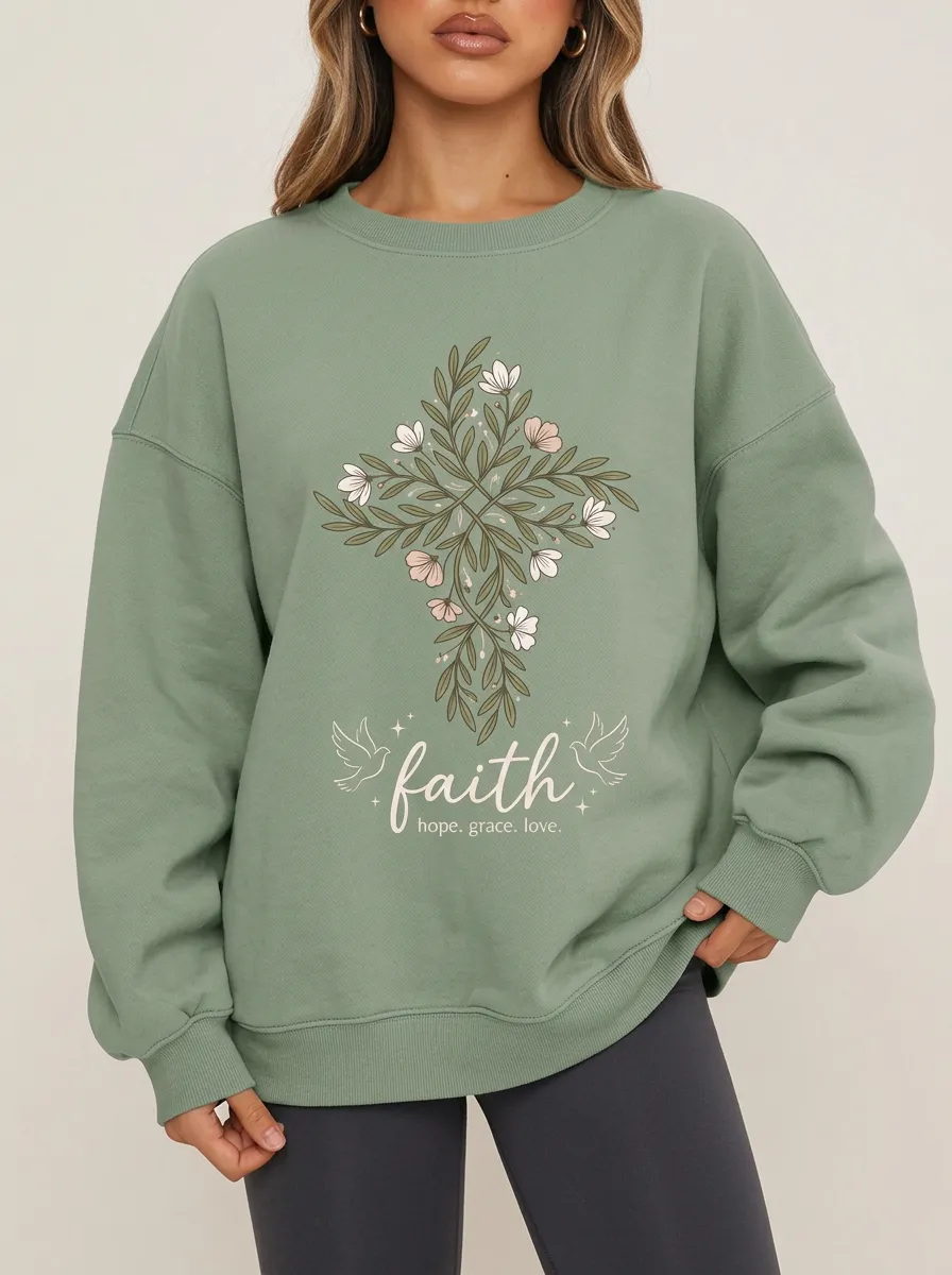 Women's Sage Green Dove Cross Crewneck Sweatshirt