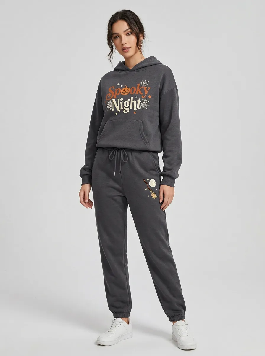 Women's Halloween Spooky Night Pumpkin Broom Printed Tracksuit