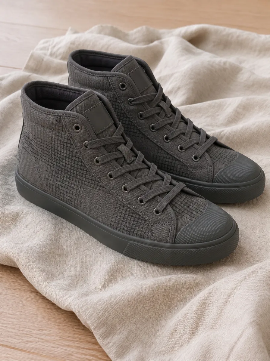 Men's Grey Grid Pattern Printed Canvas High Top Shoes