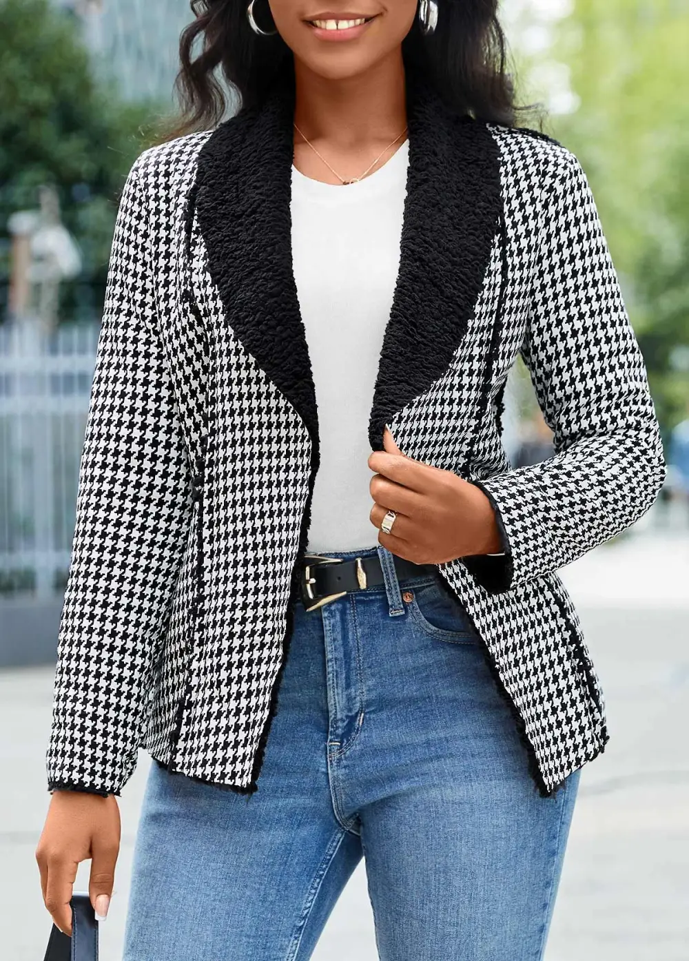 Black Patchwork Plaid Long Sleeve Lapel Coat