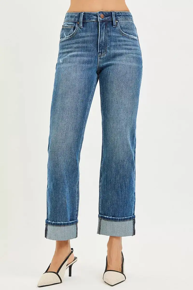 Straight Leg Stretch Cuffed Denim Jeans