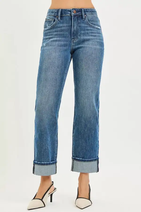 Straight Leg Stretch Cuffed Denim Jeans