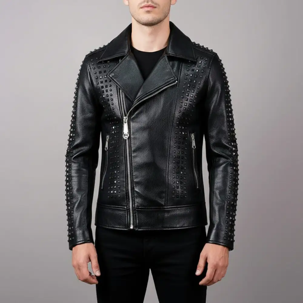 Textured Leather Biker Motorcycle Studded Jacket