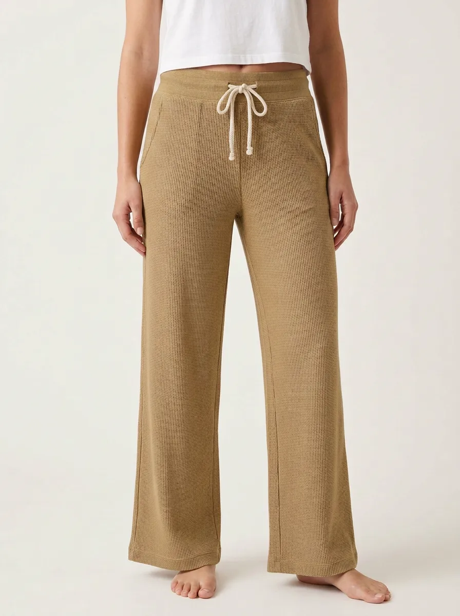Women's Casual Waffle Knit Drawstring Wide Leg Lounge Pants