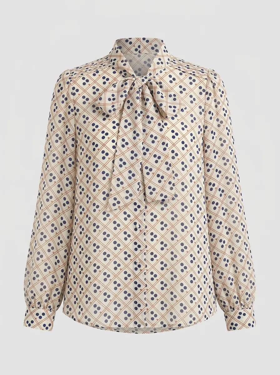 Women's Vintage Polka Dot Plaid Bow Tie Printed Blouse