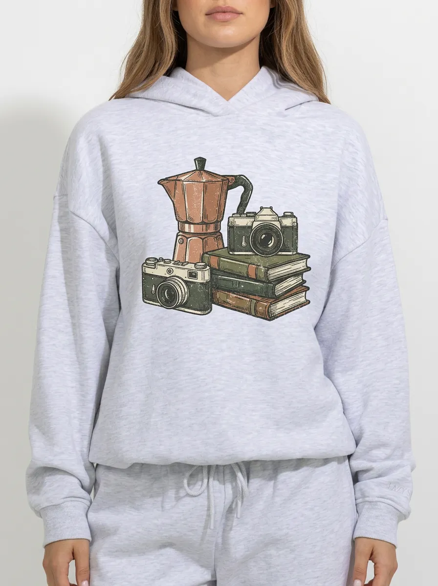 Women's Coffee Camera Book Vintage Graphic Hoodie