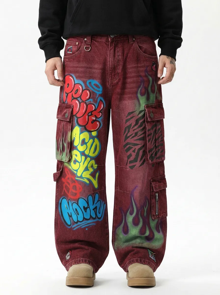 Men's Graffiti Flame Zebra Graphic Cargo Jeans