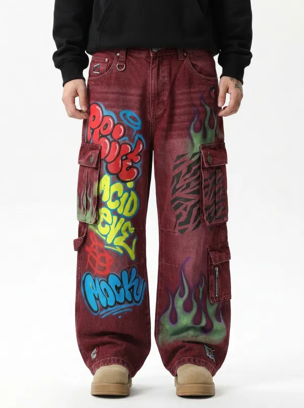 Men's Graffiti Flame Zebra Graphic Cargo Jeans