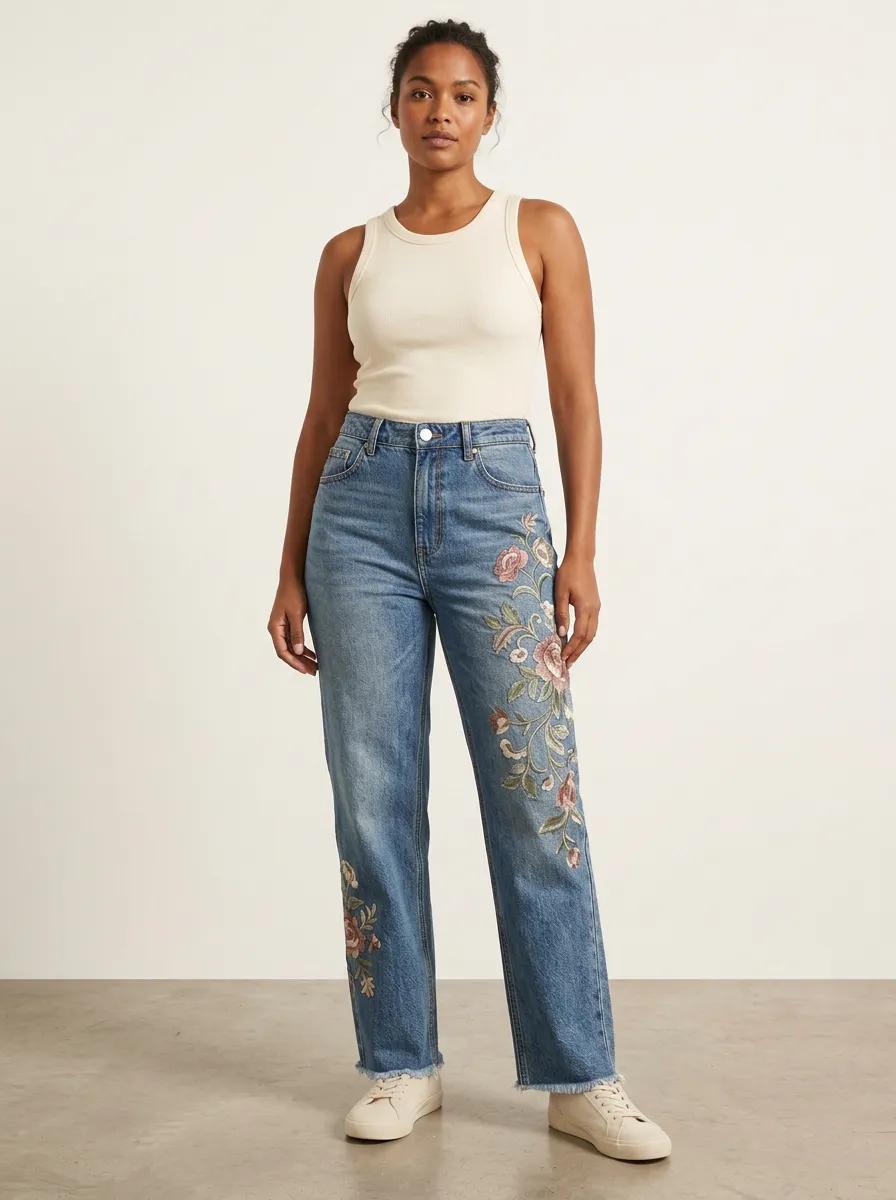 Women's Mid-Blue Cactus Floral Embroidered High-Rise Straight Leg Jeans