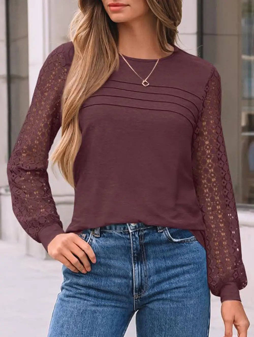 Crew Neck Openwork Patch Top