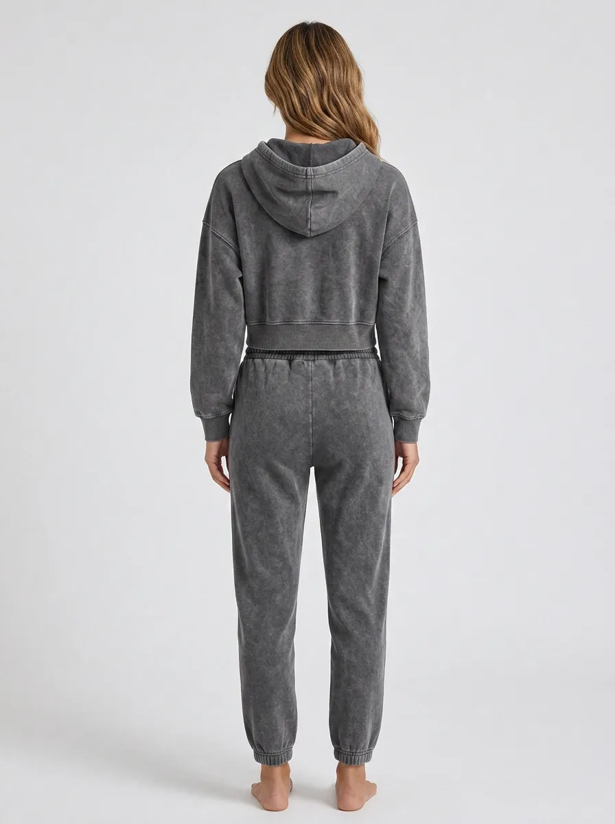 Cropped Vintage-Wash Jogger Sporty Women's Cropped Zip-Up Hoodie Jogger Active Set