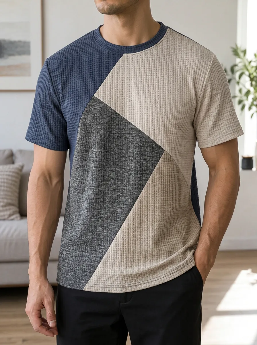 Men's Color Block Geometric Waffle Knit Modern Crew Neck T-Shirt