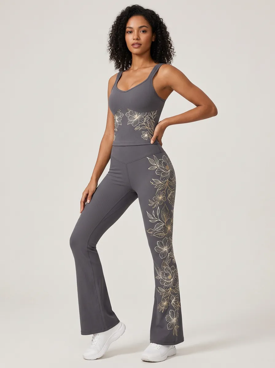 Women's Yoga Fitness Floral Line Art Printed Ribbed Set