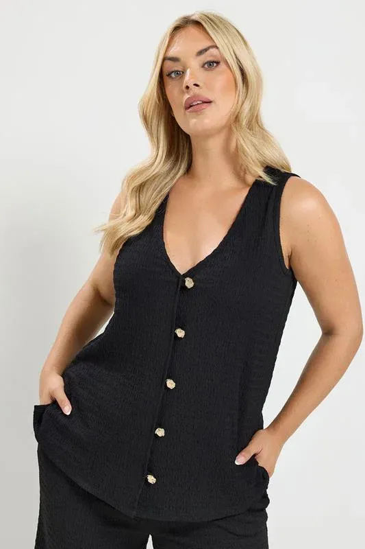 Black Textured Button Through Waistcoat