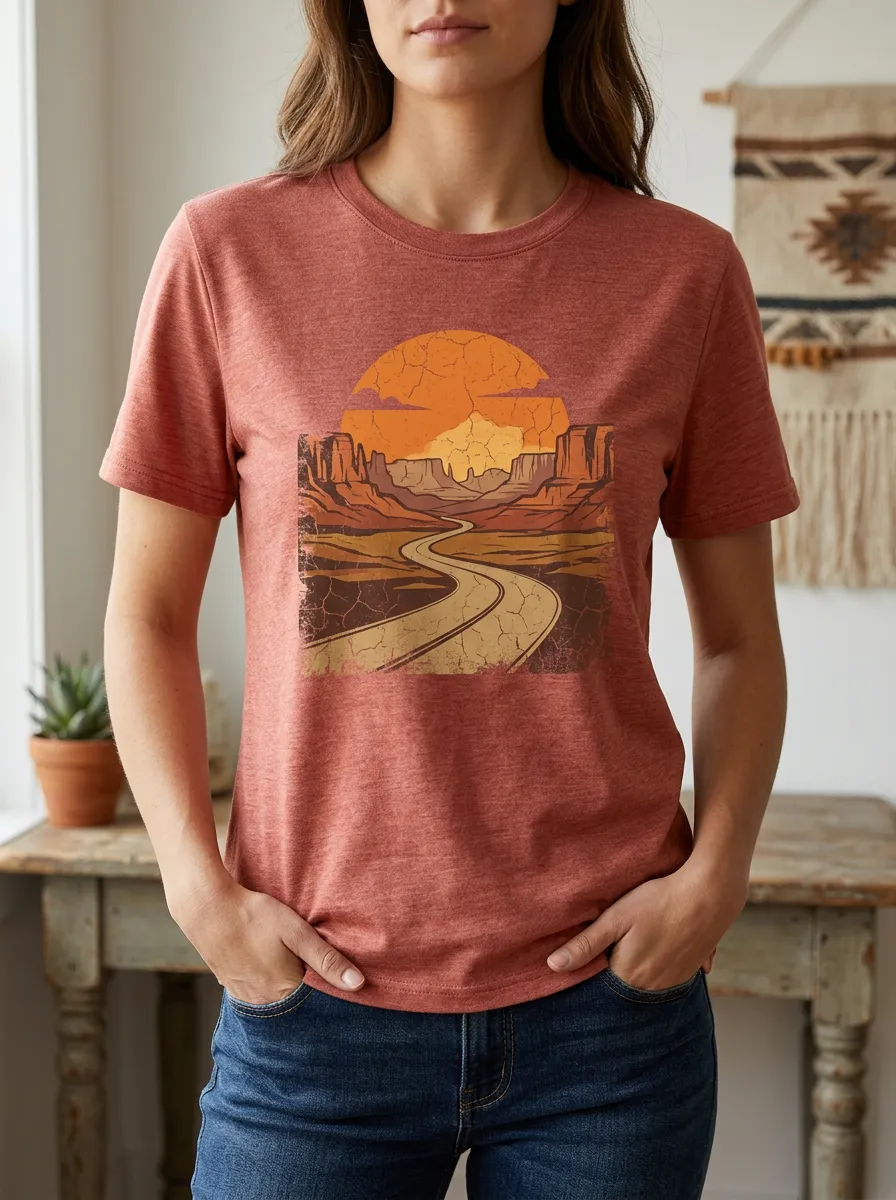 Women's Desert Road Travel Lover Sunset Printed T-shirt
