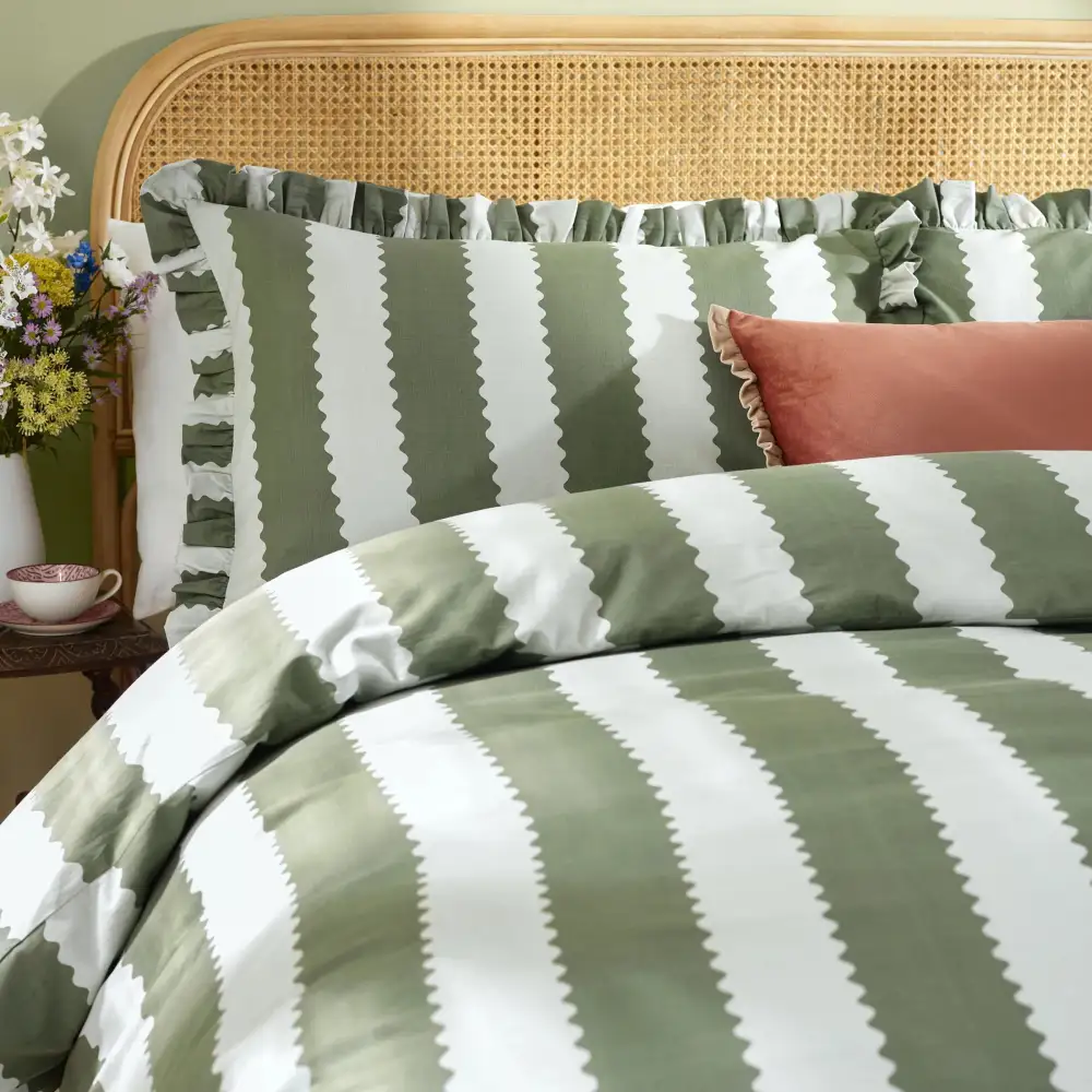 Contemporary Bedroom Ruffled Stripe Cotton Duvet Cover Set