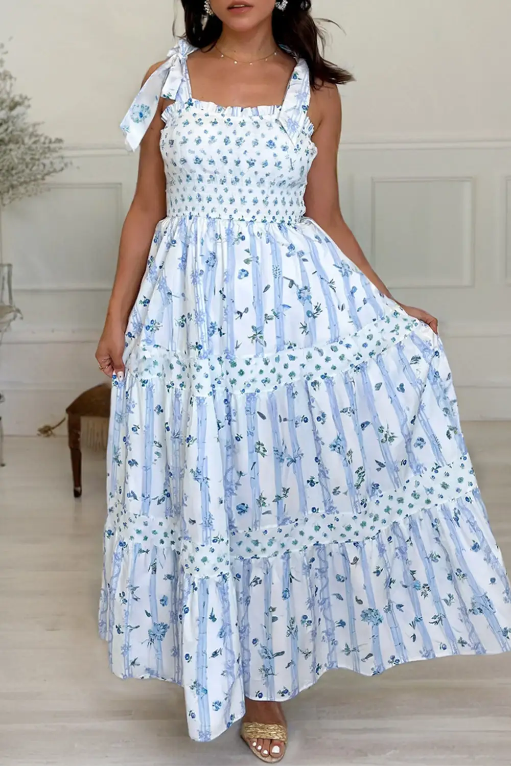 Sky Floral Smocked Tied Straps A Lined Tiered Maxi Dress