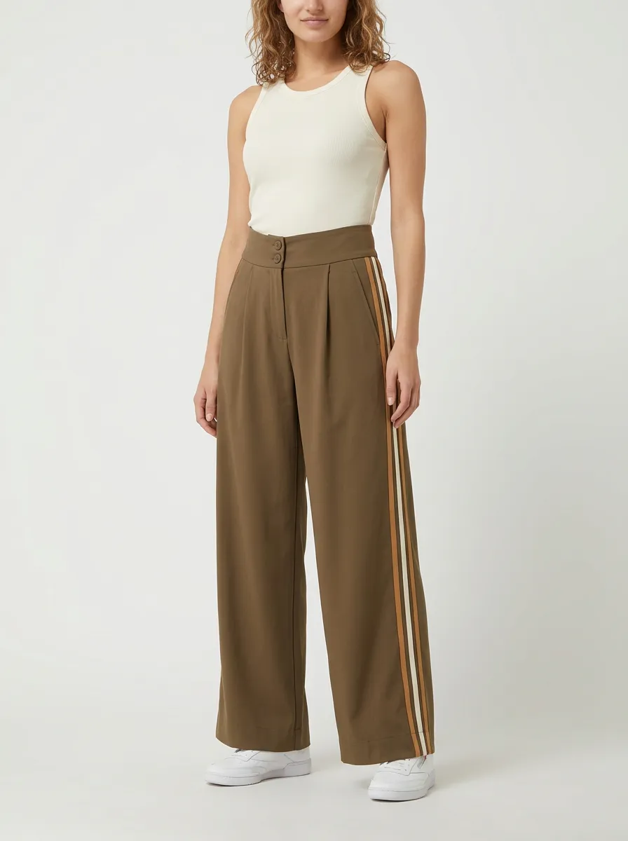 Women's High-Rise Double-Button Pleated Side-Stripe Wide-Leg Trousers