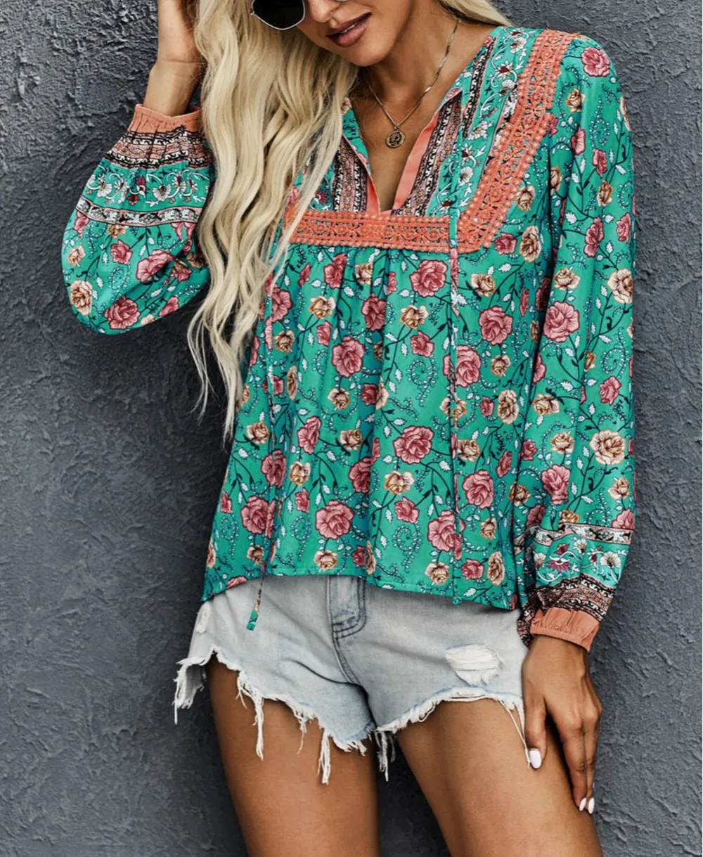 V Cut Neck Floral Lantern Sleeve Blouse