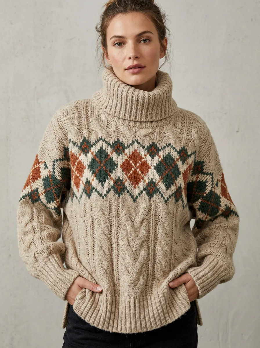 Women's Vintage Style Argyle Pattern Cable Knit Printed Turtleneck Sweater