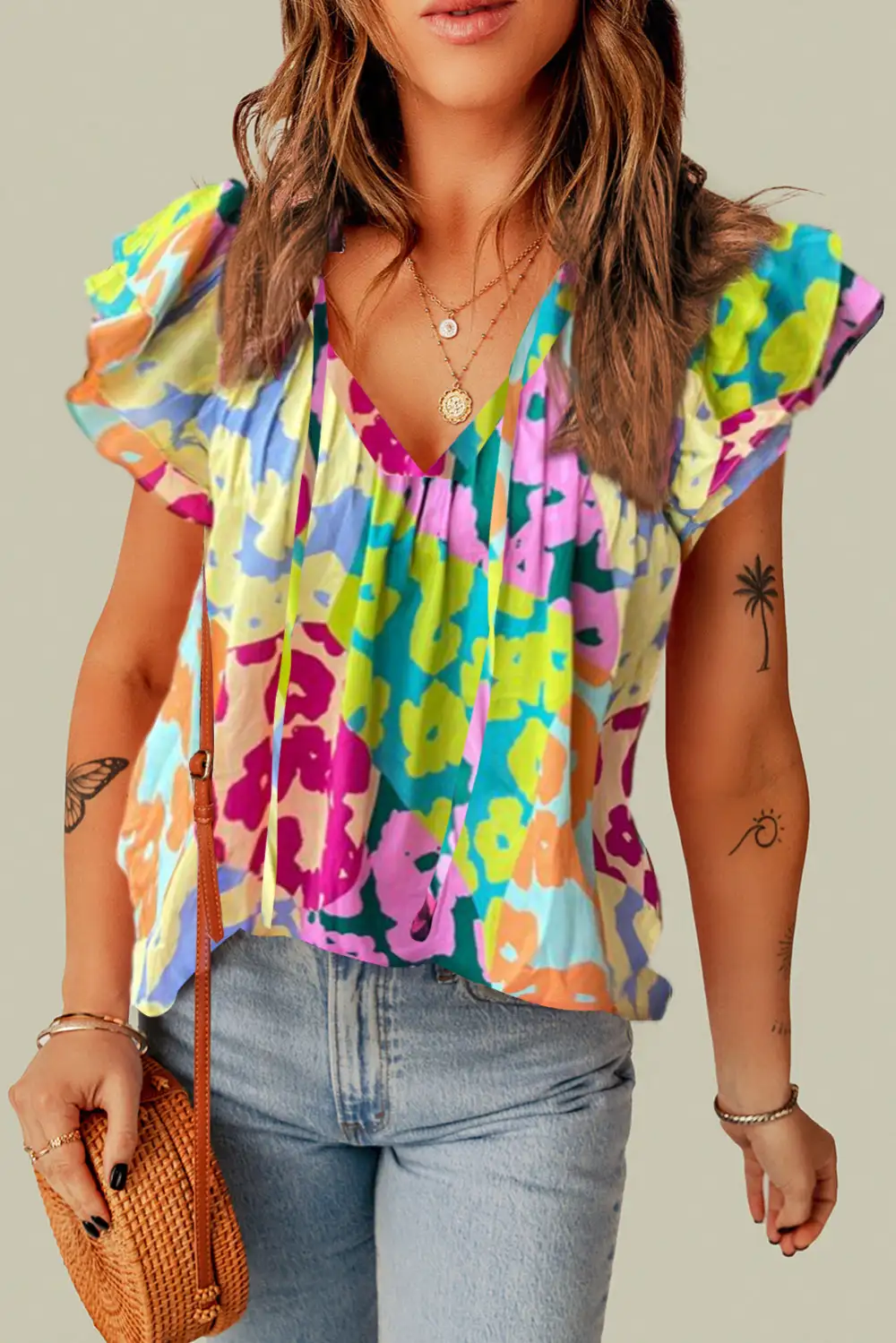Multicolour Leopard  Sleeve V Neck Crinkled Blouse