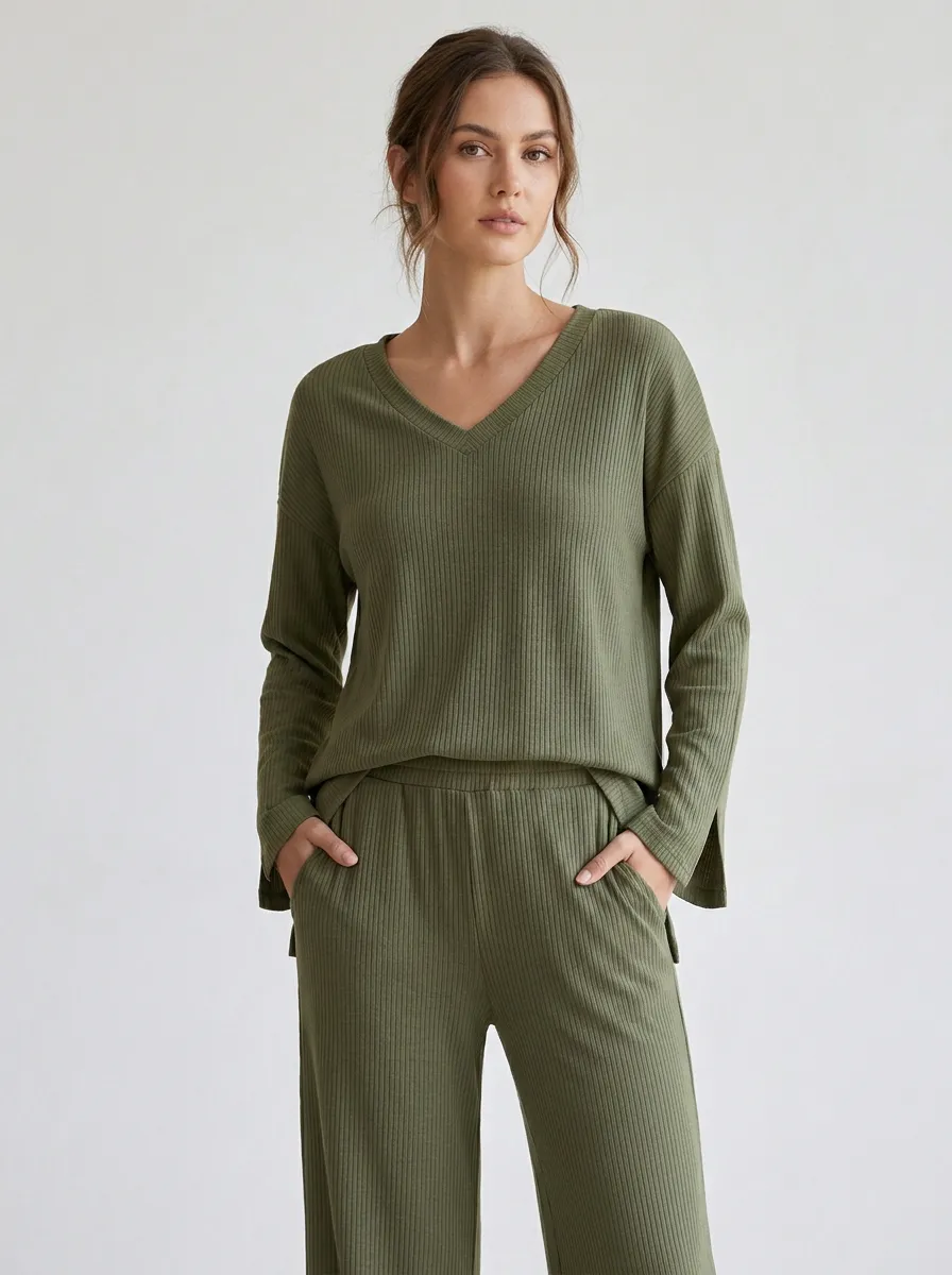 Ribbed Relaxed Women's V-Neck Casual Lounge Set
