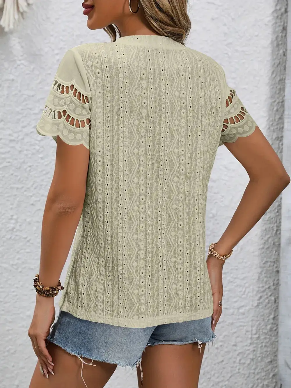 Eyelet Round Neck Short Sleeve Top