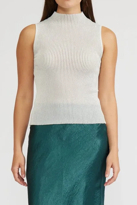 Women's White Ribbed Mockneck Sleeveless Top