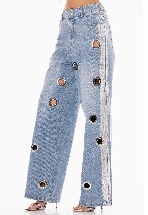 Eyelet Detail Wide Leg Jeans