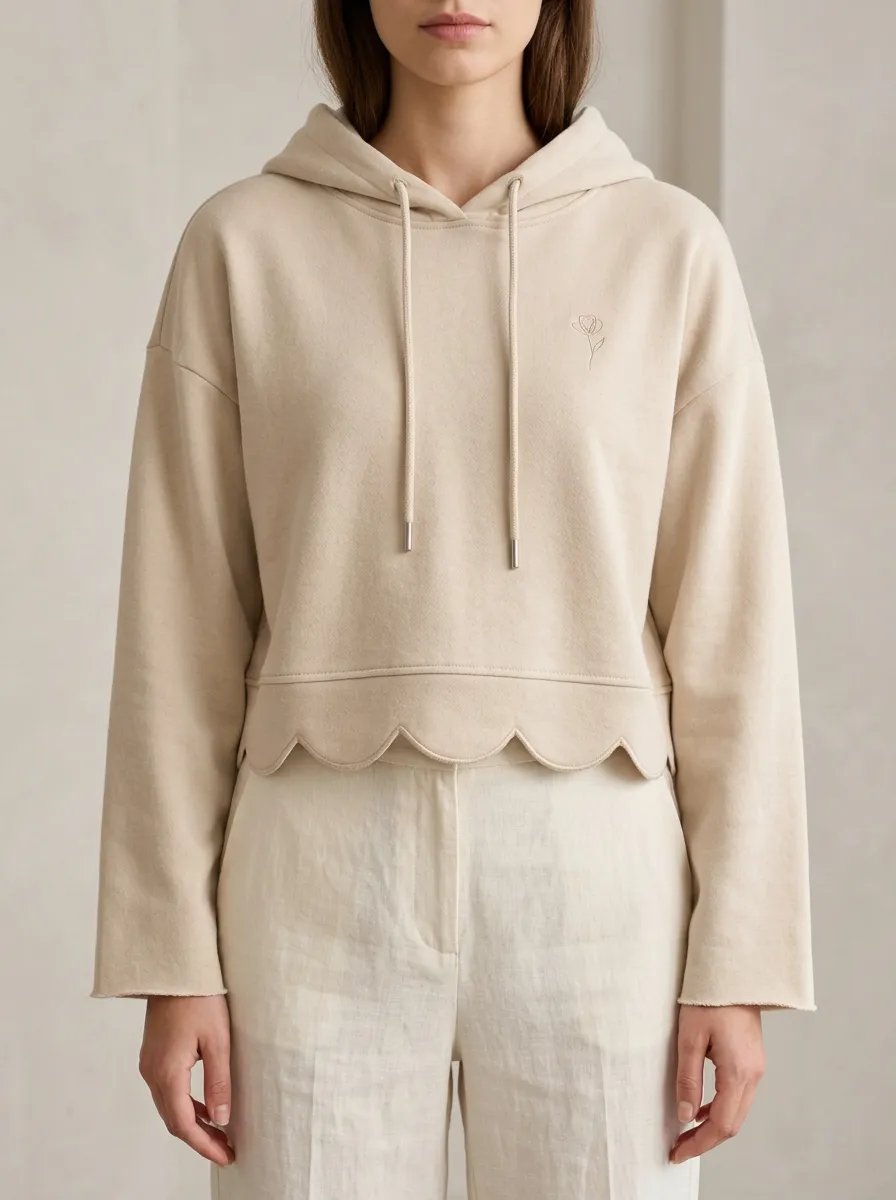 Women's Minimalist Floral Embroidered Scalloped Hem Printed Hoodie