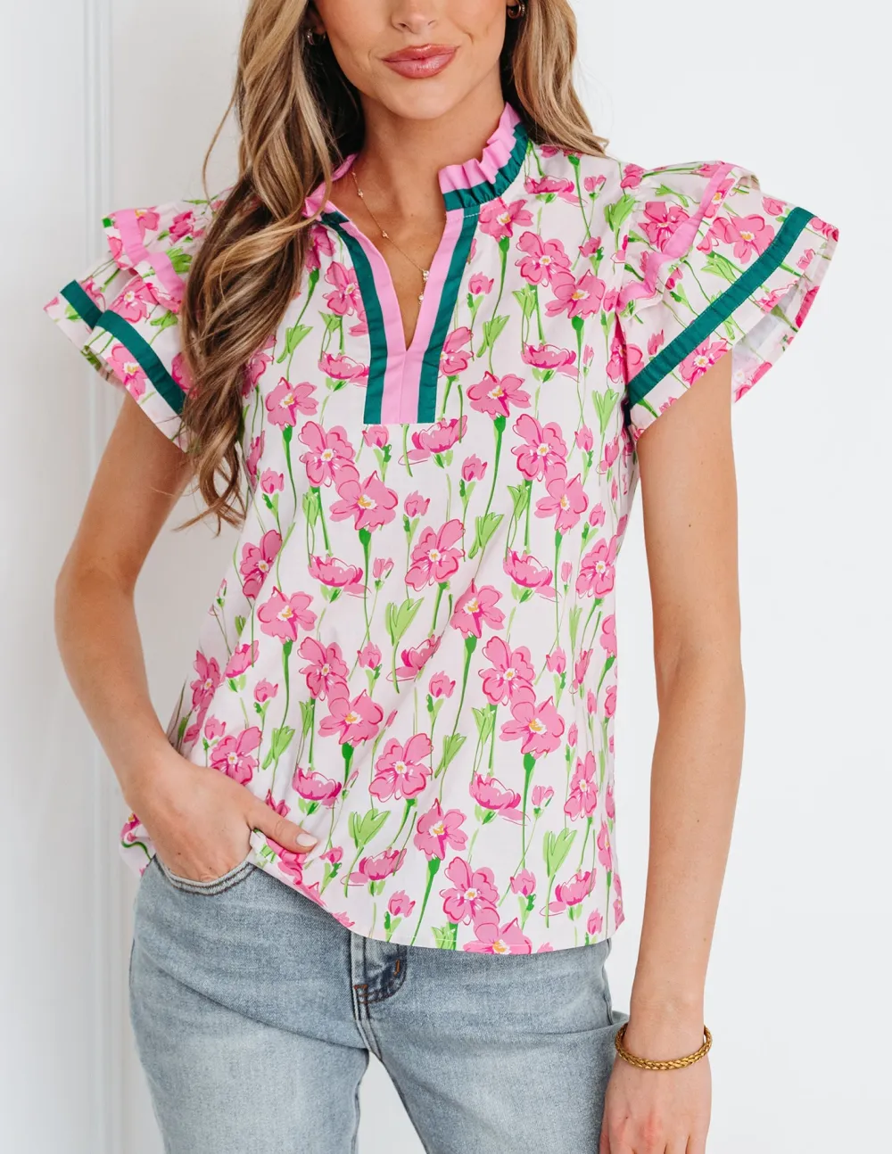 Women's Floral Print Ruffled Contrast Trim Top