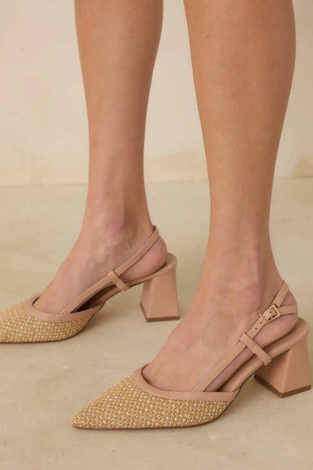 Woven Pointed Toe Block Heel Slingback Slingback Heels