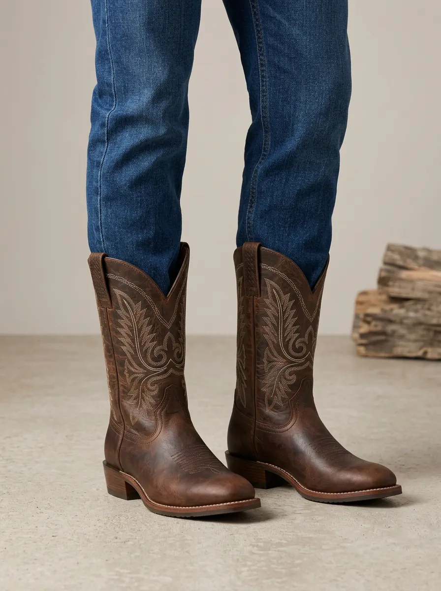 Men's Heritage Western Embroidered Brown Leather Printed Boots