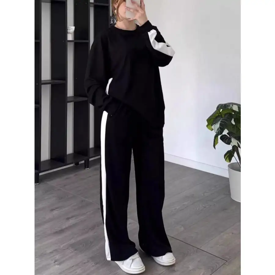 Everyday Contrast Round Neck Top and Pants Set