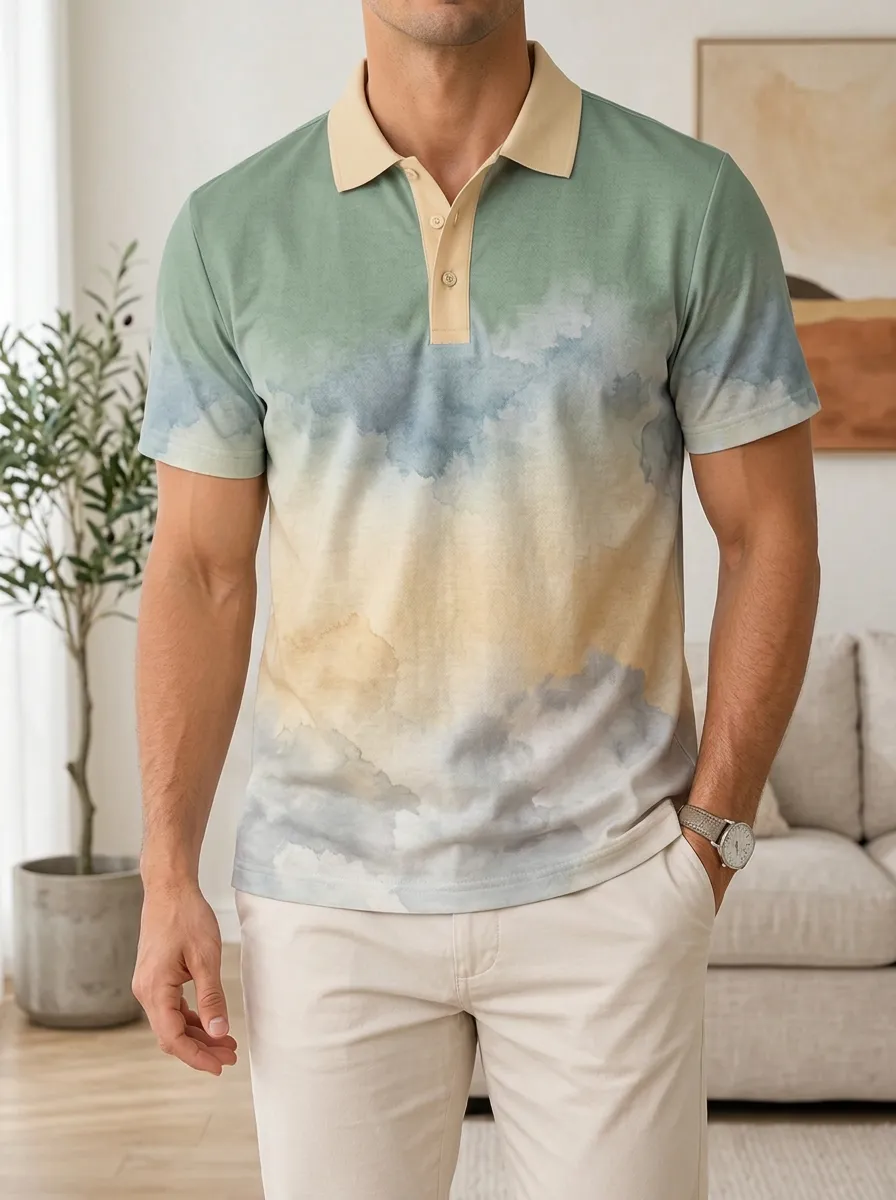 Men's Watercolor Sky Cloud Printed Polo Shirt