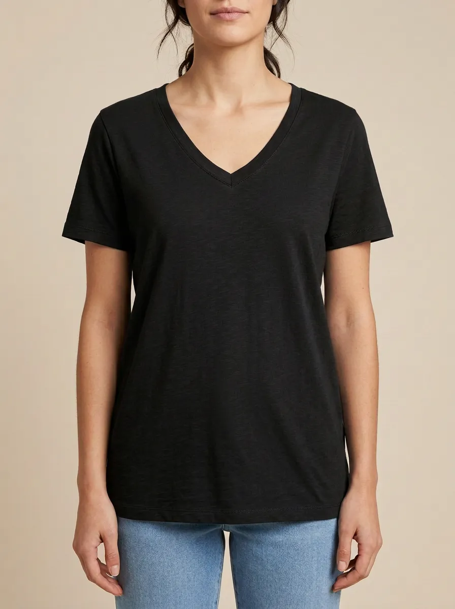 Women's Ribbed-Neck Regular-Fit V-Neck T-Shirt