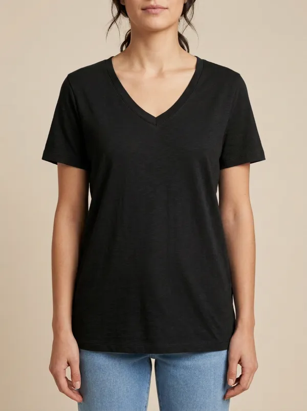 Women's Ribbed-Neck Regular-Fit V-Neck T-Shirt