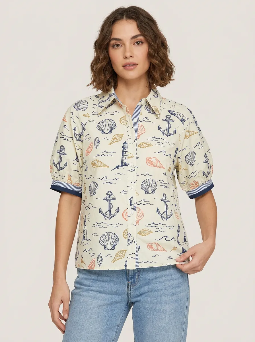Women's Nautical Beach Lover Lighthouse Anchor Seashell Printed Shirt