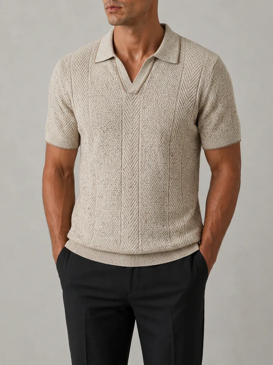 Men's Casual Beige Herringbone Textured Knit Polo Shirt