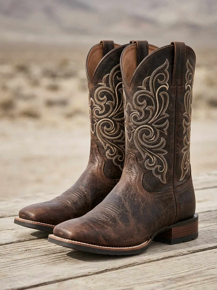 Men's Western Square-Toe Embroidered Distressed Construction Outdoor Boots