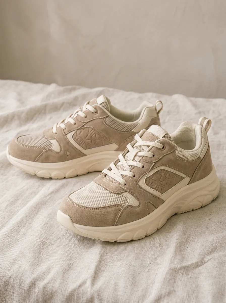 Women's Beige Geometric Pattern Suede Mesh Printed Sneakers