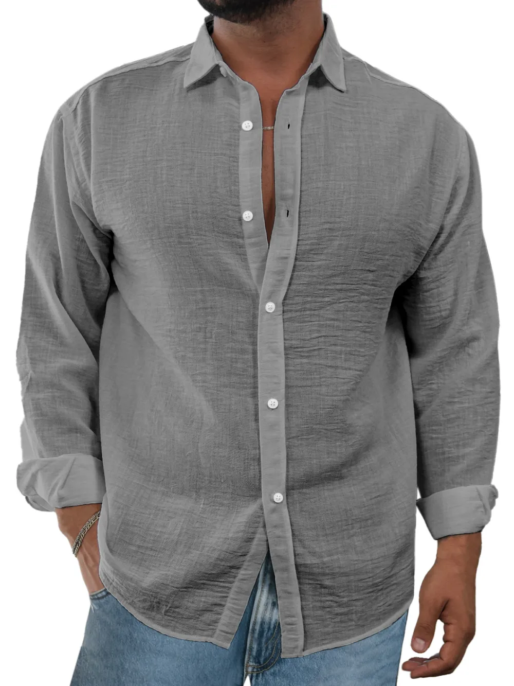 Linen Blend Open Collar Shirt