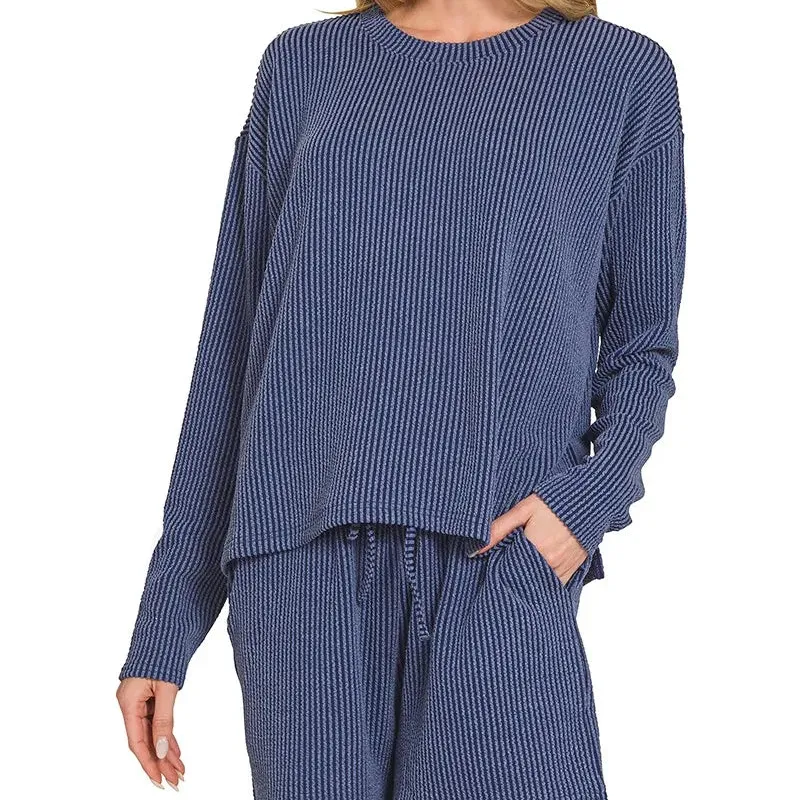 Ribbed Corded Rib Long Sleeve Tee and Shorts Set