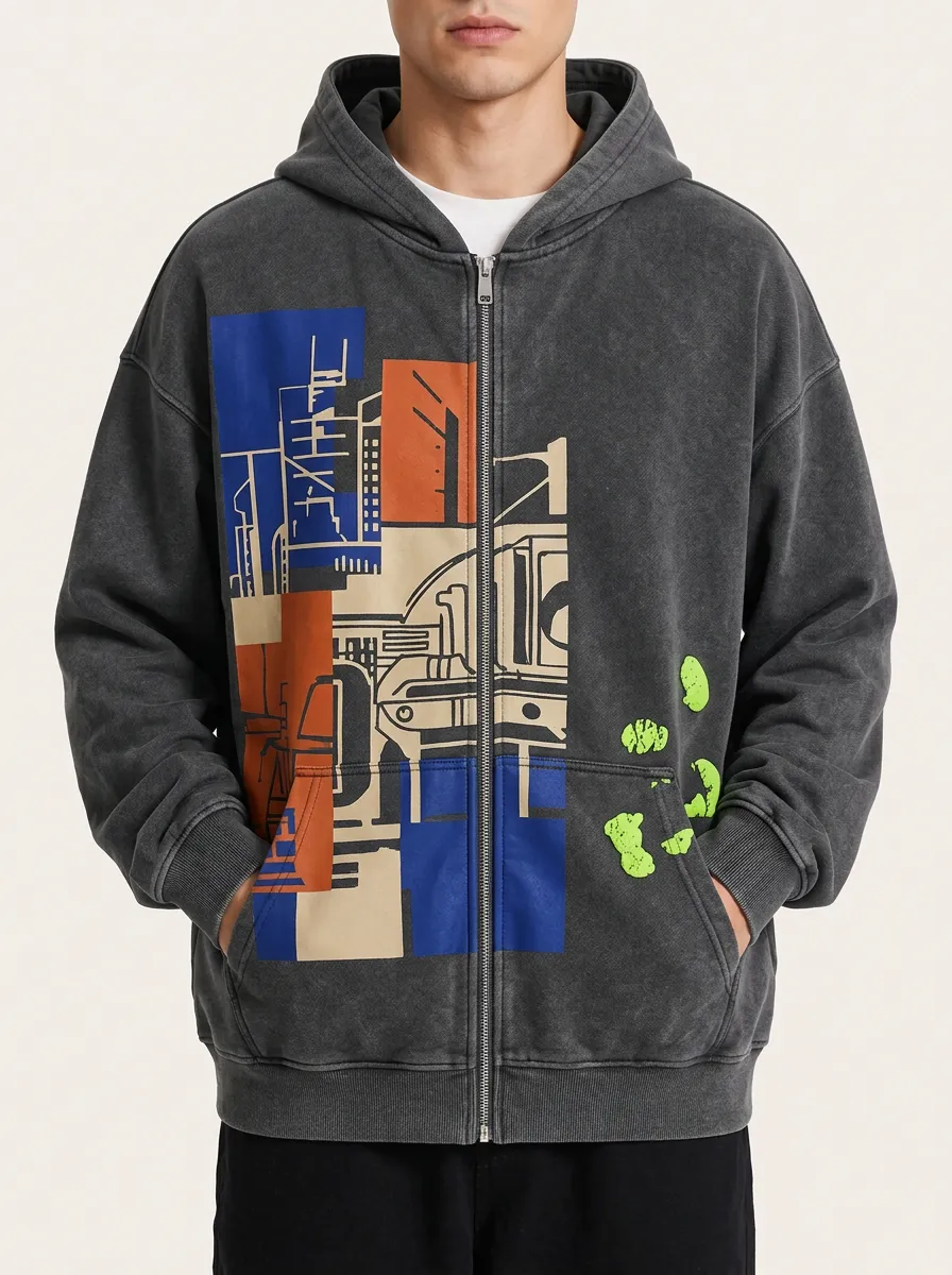Men's Urban Abstract Graphic Printed Zip Up Hoodie
